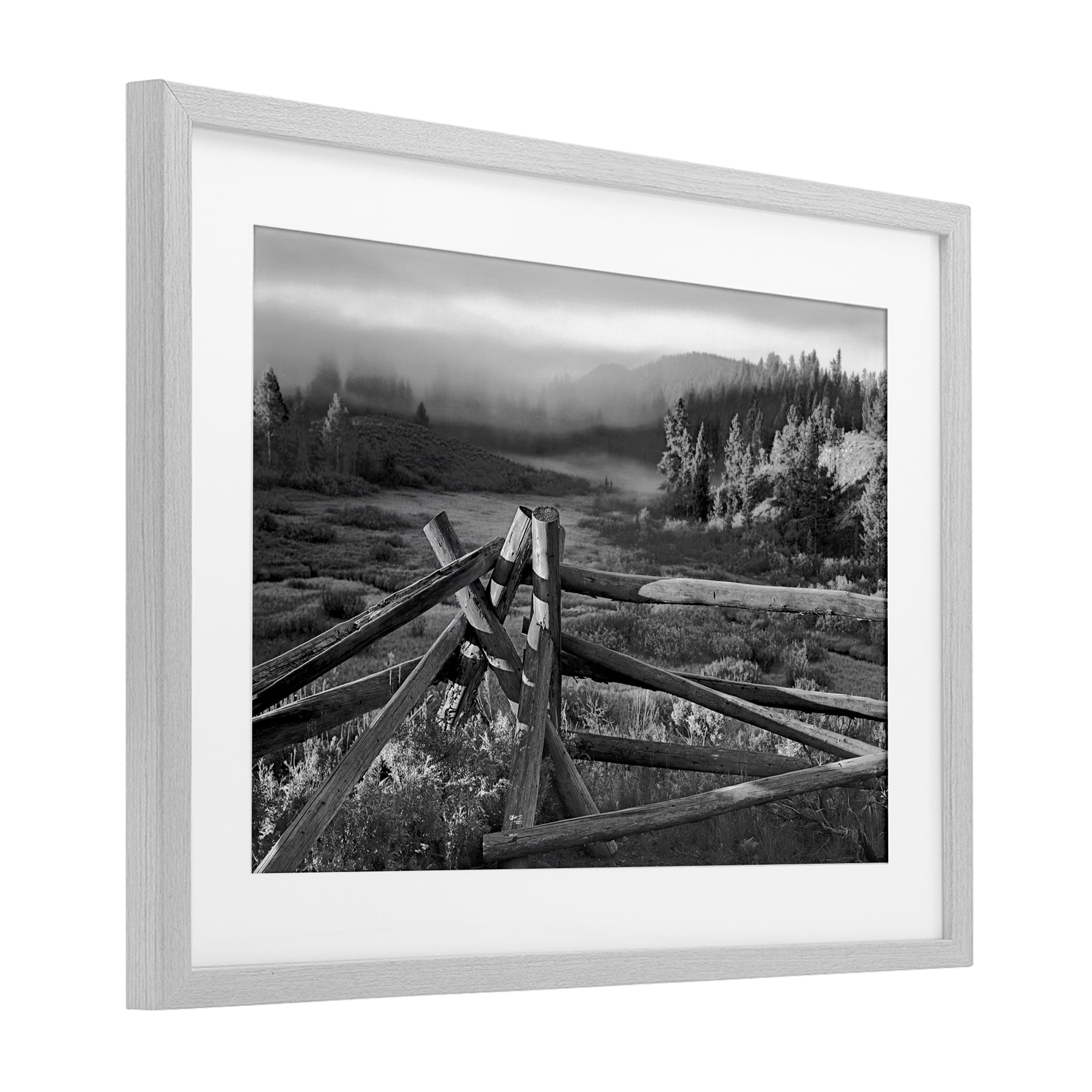 Grand Tetons Fence Beyond Gray Framed Print Under Glass, design by MJ Photography