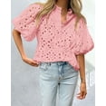 thumbnail image 3 of Blusa de Encaje Rosa con Escote en V y Detalles Calados para Mujer PRETTYGARDEN Talla S, 3 of 8
