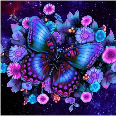 Butterfly Diamond Art Kits for Adults Beginners 5D Full Drill Round Purple Flowers Diamond Art for Home Decor 11.8x11.8 inch