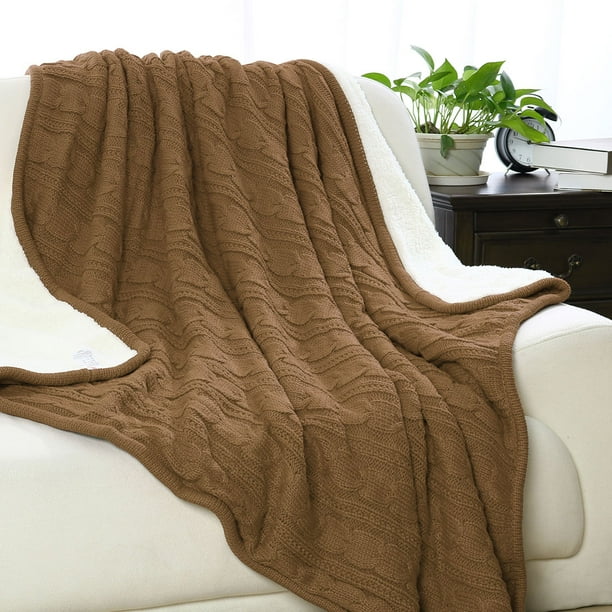 Cable Knit Reversible Fleece Throw Blanket, 50"x60", Brown Walmart