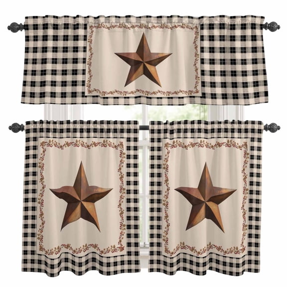 Western Texas Star Retro Kitchen Curtains Sets for Windows 36 Inch Length, Rustic Vintage Berry Black Beige Plaid Rod Pocket Window Treatments Tier Curtains and Valances Set for Bedroom/Bathroom