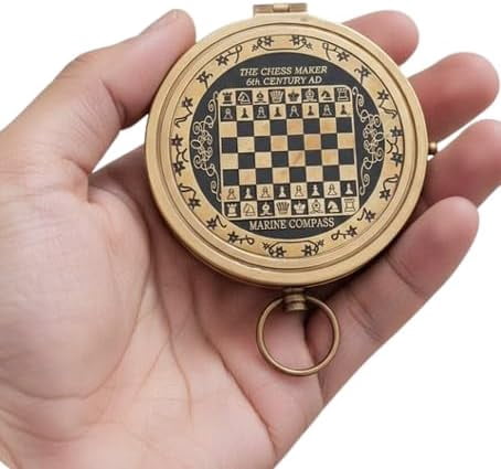 Maritime treasures Antique Style Pocket Compass with Chess Board Design – Nautical Navigation Instrument, Collectible Gift for Sailors & Chess Lovers
