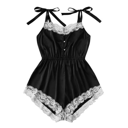 

wofedyo New Fashion Bodysuit Jumpsuit Lace Satin Silk Sleepwear Lingerie Underwear Pajamas For Women Black Xl