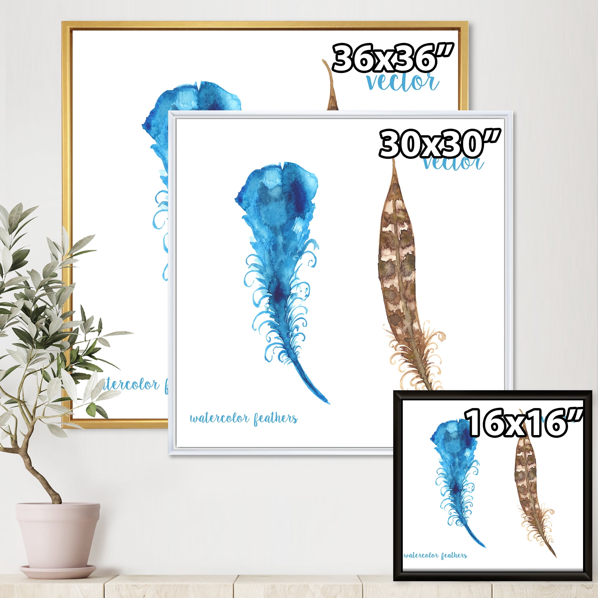 Designart 'Ethnic Boho Watercolor Feathers' Bohemian & Eclectic Framed Canvas Wall Art Print