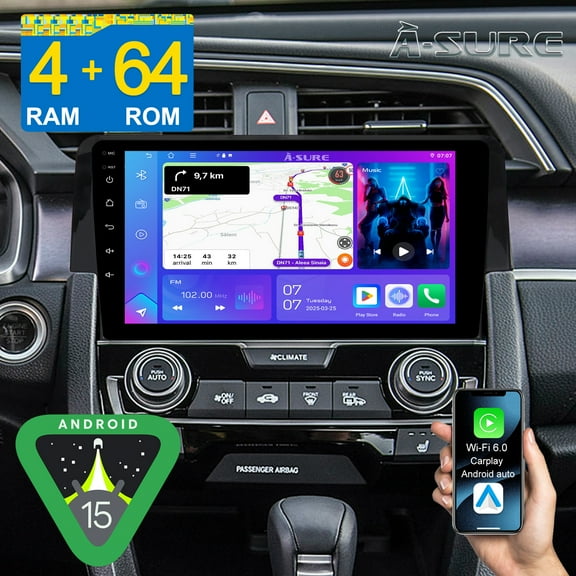 9" Touchscreen 4 64GB Car Radio Stereo for Honda Civic X 2016-2020 with Apple CarPlay/Android Auto/GPS Navi/Wi-Fi/BT 5.4/DSP