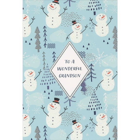 Pictura Sparkling Snowmen, Trees and Shimmering Snowflakes on Blue Christmas Card for Grandson