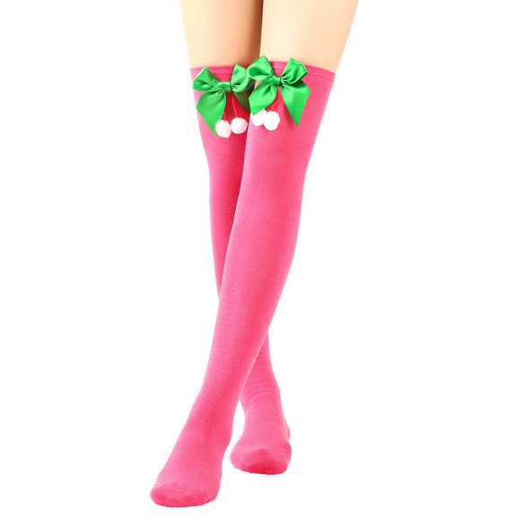 Christmas Knee High Socks for Women Bulk, Elf Gifts, Long Xmas Colorful Cotton Holiday Socks for Adults Hot Pink