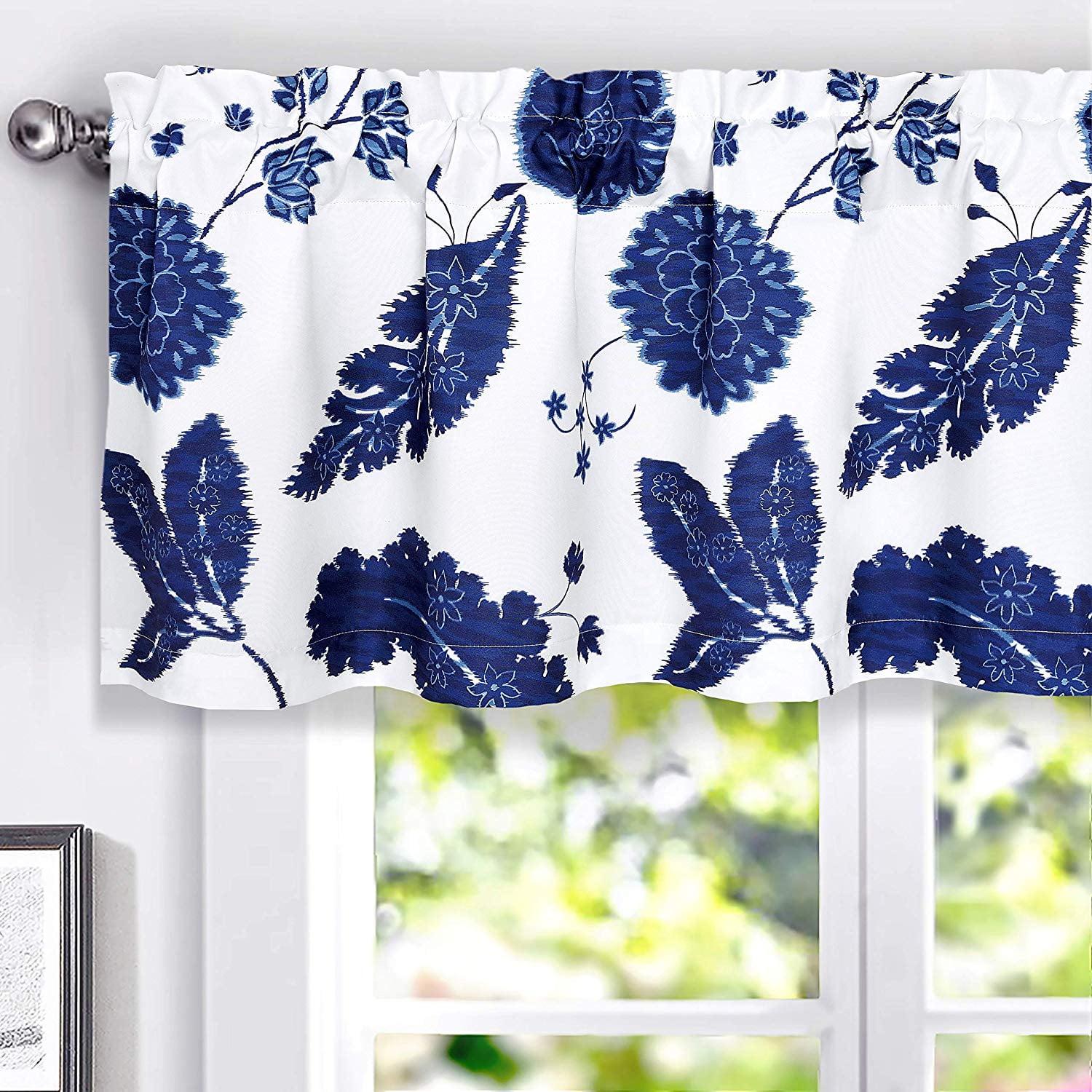 DriftAway Gianna Floral Leaf Botanical Lined Thermal Insulated Energy Saving Window Curtain Valance for Living Room Bedroom Kitchen Rod Pocket 2 Pack 52 Inch by 18 Inch Plus 2 Inch Header Navy 