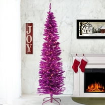 National Tree Company 7 ft. Pre-Lit Artificial Magenta Pink Slim Tinsel Christmas Tree, 210 Clear Lights, Includes Stand