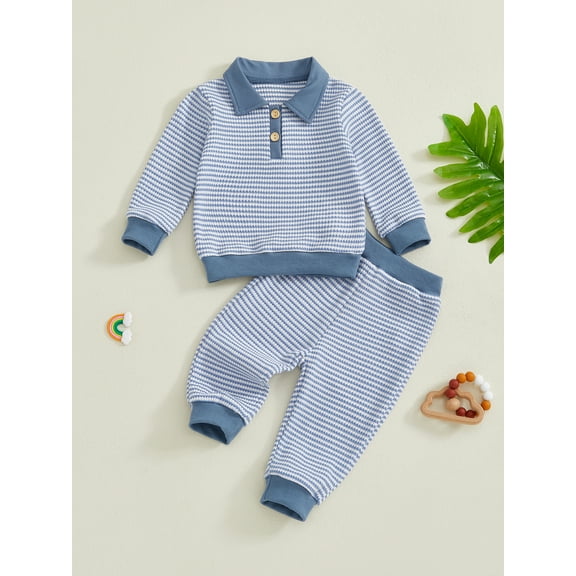 Loicainy Baby Toddler Boy Waffle Striped Outfits 6 12 18 24 Months 2T 3T 4T Long Sleeve Lapel Waffle Tops and Elastic Waist Pants Clothes Set