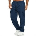 thumbnail image 3 of Men's Multi-Pocket Drawstring Work Pants, Fashion Casual Elastic Waist Cargo Trousers for Outdoor and Hiking,Navy,M, 3 of 7