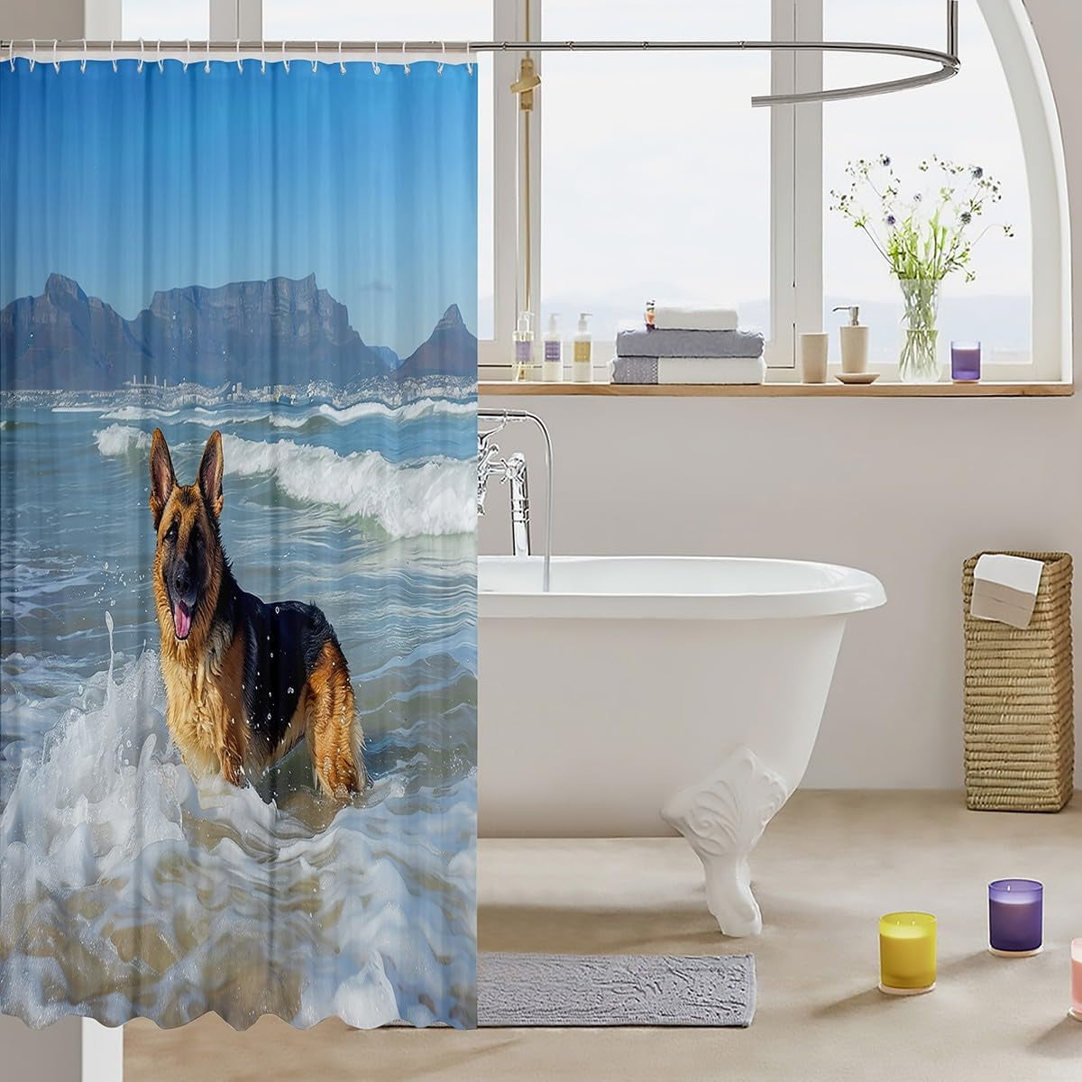 German Shepherd Shower Curtain Cute Dog Bathroom Shower Curtain Set for Stalls Bathtubs Ocean Beach Mountain Bath Curtain Hippie Pet Dog Waterproof Bathroom Curtains Room Decor 72x72 Inch