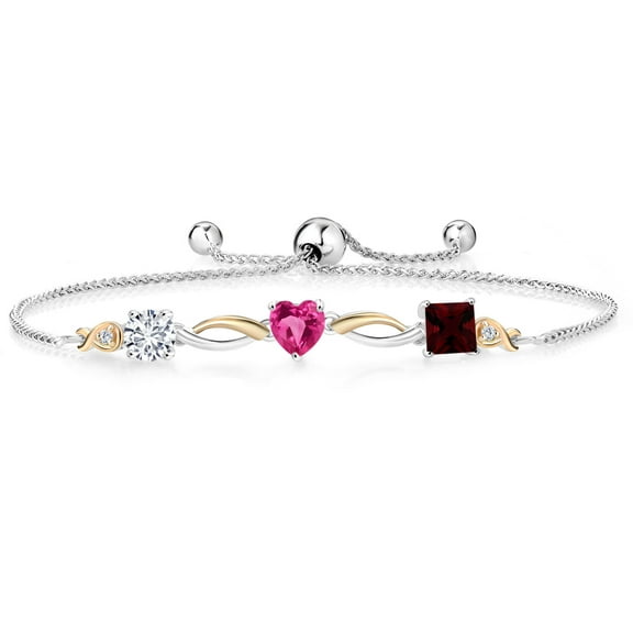 Gem Stone King 925 Silver and 10K Yellow Gold Pink Created Sapphire Red Garnet and Lab Grown Diamond Tennis Bracelet for Women By Keren Hanan (2.22 cttw, Adjustable up To 9 inch)