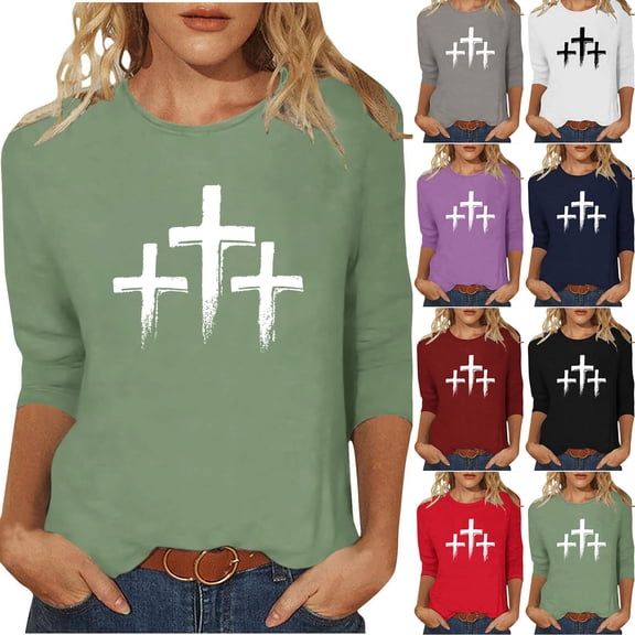 UVEASISHA faith t shirts for women 3/4 sleeves graphic tees three cross printed Christian tops comfort casual tees Purple S