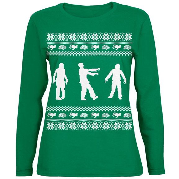 Zombie Ugly Christmas Sweater Green Womens Long Sleeve T-Shirt - X-Large