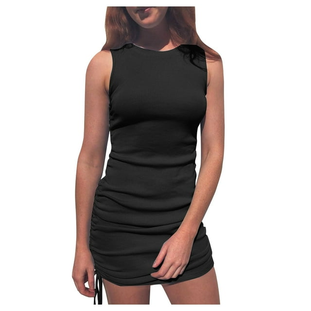 Mefallenssiah Women'S Summer Solid Color Fashion Slim Pleated Thread Drawstring Sleeveless Crew Neck Dress