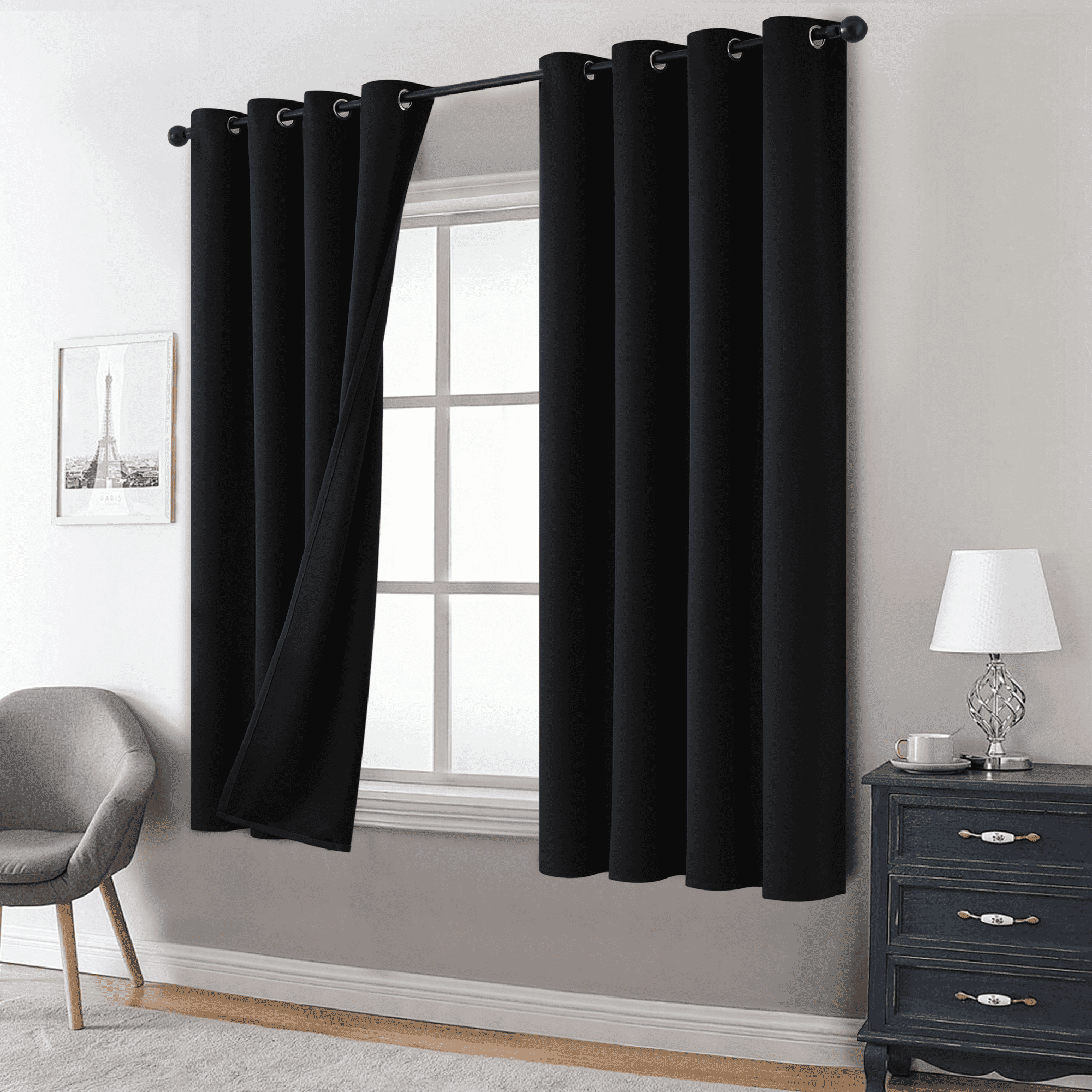 Yakamok 100% Blackout Curtains, Black Curtains for Bedroom 84 Inch Length with Black Backing Solid Grommet Panels for Living Room 2 Panels, 52Wx63L