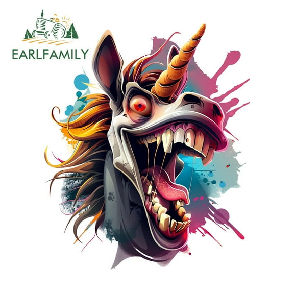 EARLFAMILY 5.1 Inch Crazy Unicorn Colorful Cartoon Car Stickers Motorcycle Windshield Skateboard JDM Decals Personality Occlusion Scratch Waterproof Decor