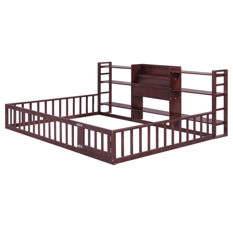 Full Size Floor Bed Platform Bed with Side Bookcase and 3-Tier Storage Shelves, Solid Wood Low Profile Montessori Floor Bed with Safety Guardrails for Kids, Boys, Girls