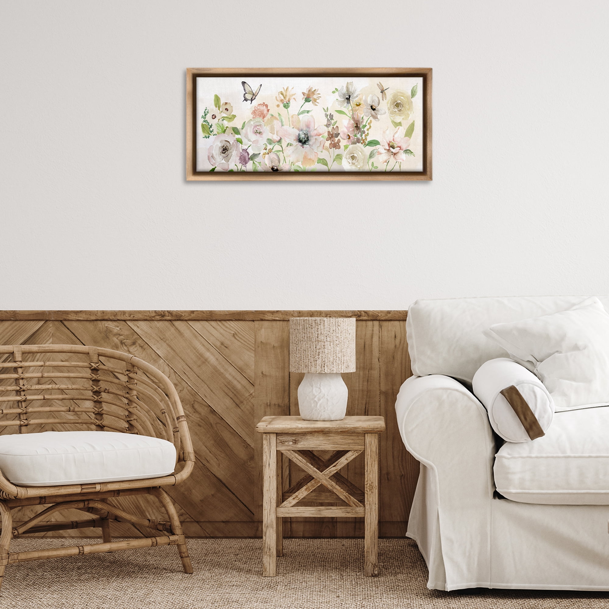 Stupell Industries Fluttering Insects & Florals Plants & Flowers Painting Brown Floater Framed Canvas Art Print Wall Art, 25 x 11
