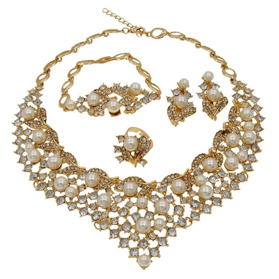 4 Pcs 18K Sparkling Jewelry Sets for Women Crystal Pearl Necklace Bracelet Earrings Ring Sets Bridesmaid Bridal Jewelry Sets for Wedding Engagement Party Prom