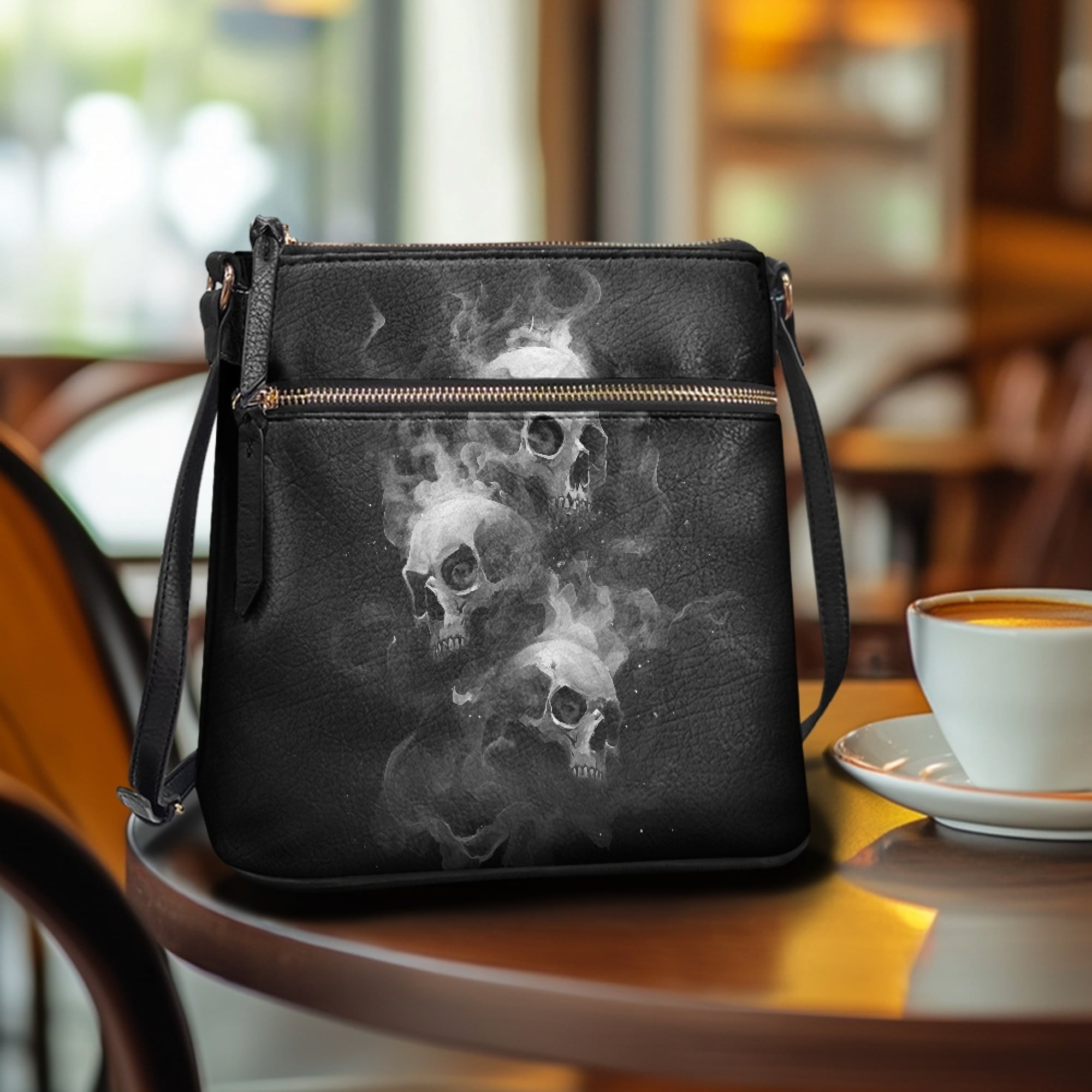 Kuiaobaty Skull Smoke Print Crossbody Bag for Women, Waterproof Vegan Leather Messenger Handbag Crossbody, Roomy Zipped Pockets Sling Purse with Adjustable Strap for Travel