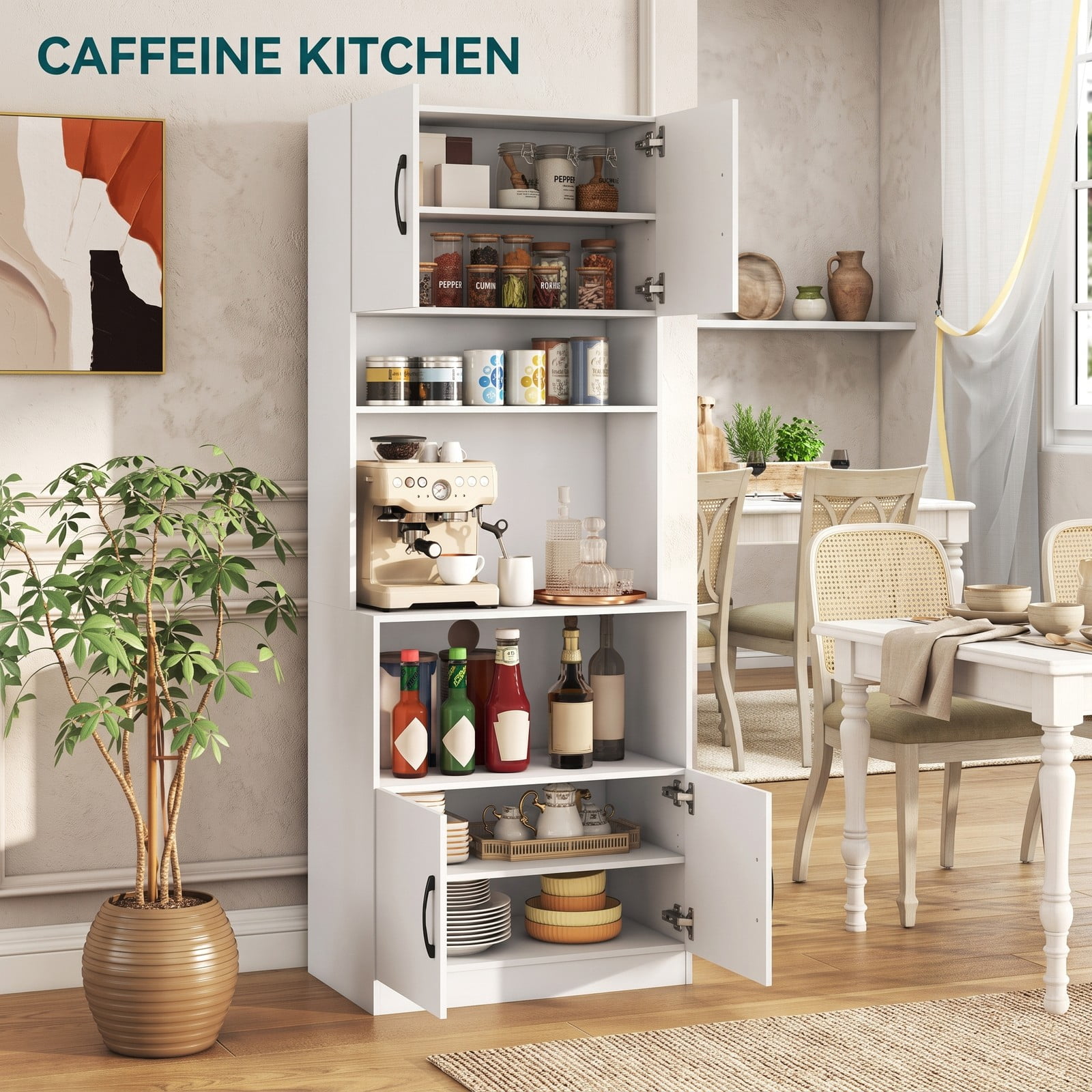 Furnibear 66 Inch Kitchen Pantry Cabinet with Charging Station, Adjustable Shelves and Wide Countertop, Freestanding Storage Hutch for Kitchen Dining Room, White