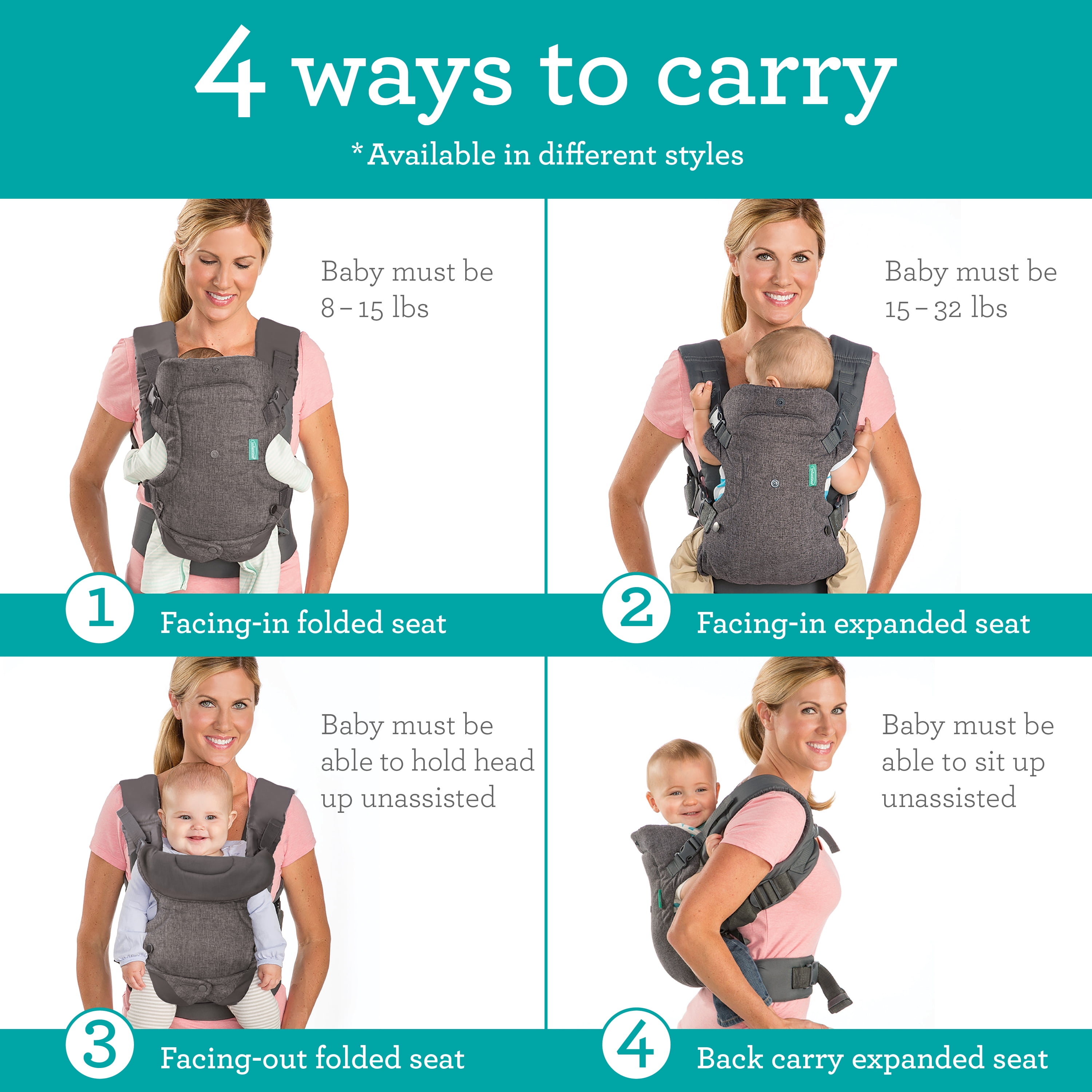 Infantino Flip 4-in-1 Convertible Baby Carrier, 4-Position for Infants & Toddlers 8-32lb, Gray