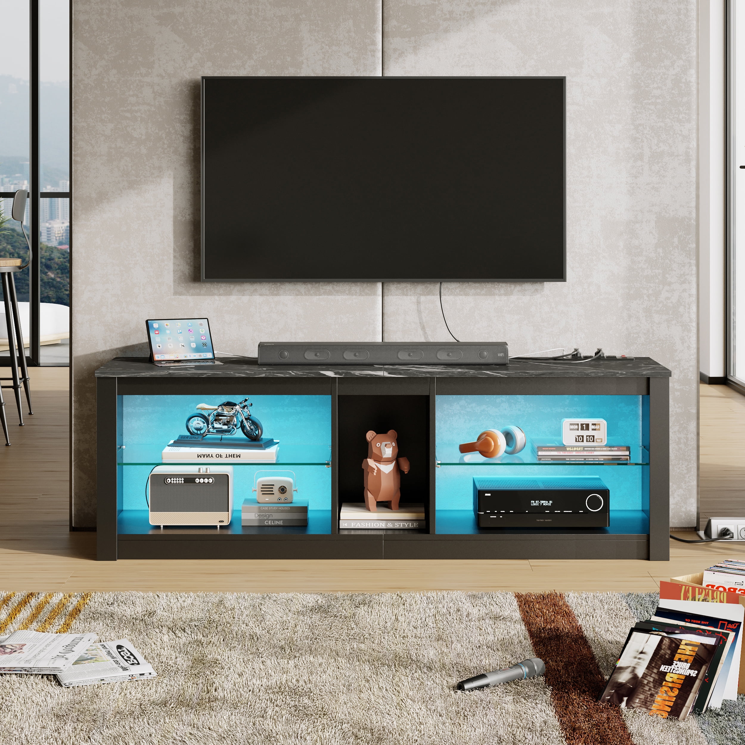 Bestier TV Stand with Power Outlets and Storage Shelves, LED Entertainment Center for TVs up to 60", Black Marble
