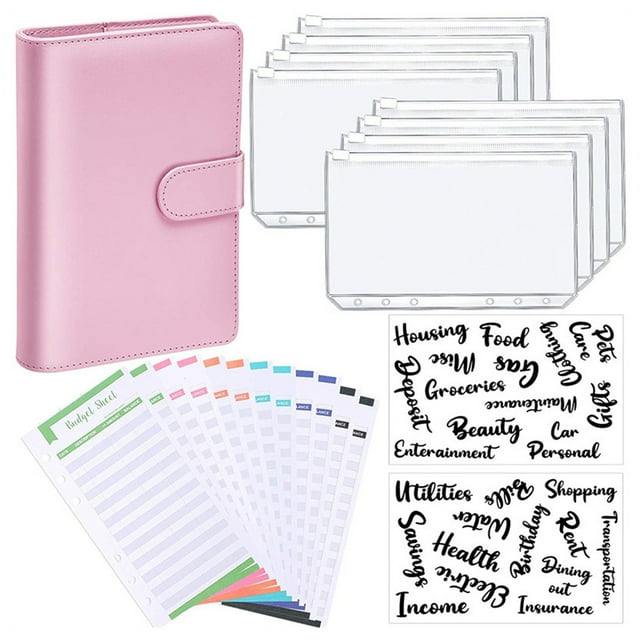Back to School Supplies PU Leather Notebook Budget Planner Organizer With Refillable 6 Ring Cover 8 Pcs Saving Pockets 12 Pcs Expense Budget Sheets And Letter Sticker Label