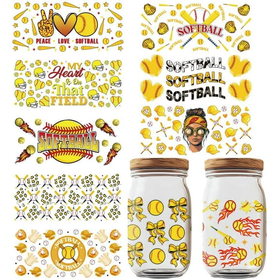 10 Sheets UV DTF Cup Wrap for 16OZ Glass Yellow Softball Theam Rub on Decals Sports Theam PVC Waterproof Cup Transfer Stickers for DIY Bottles Drink Jam Cake Container