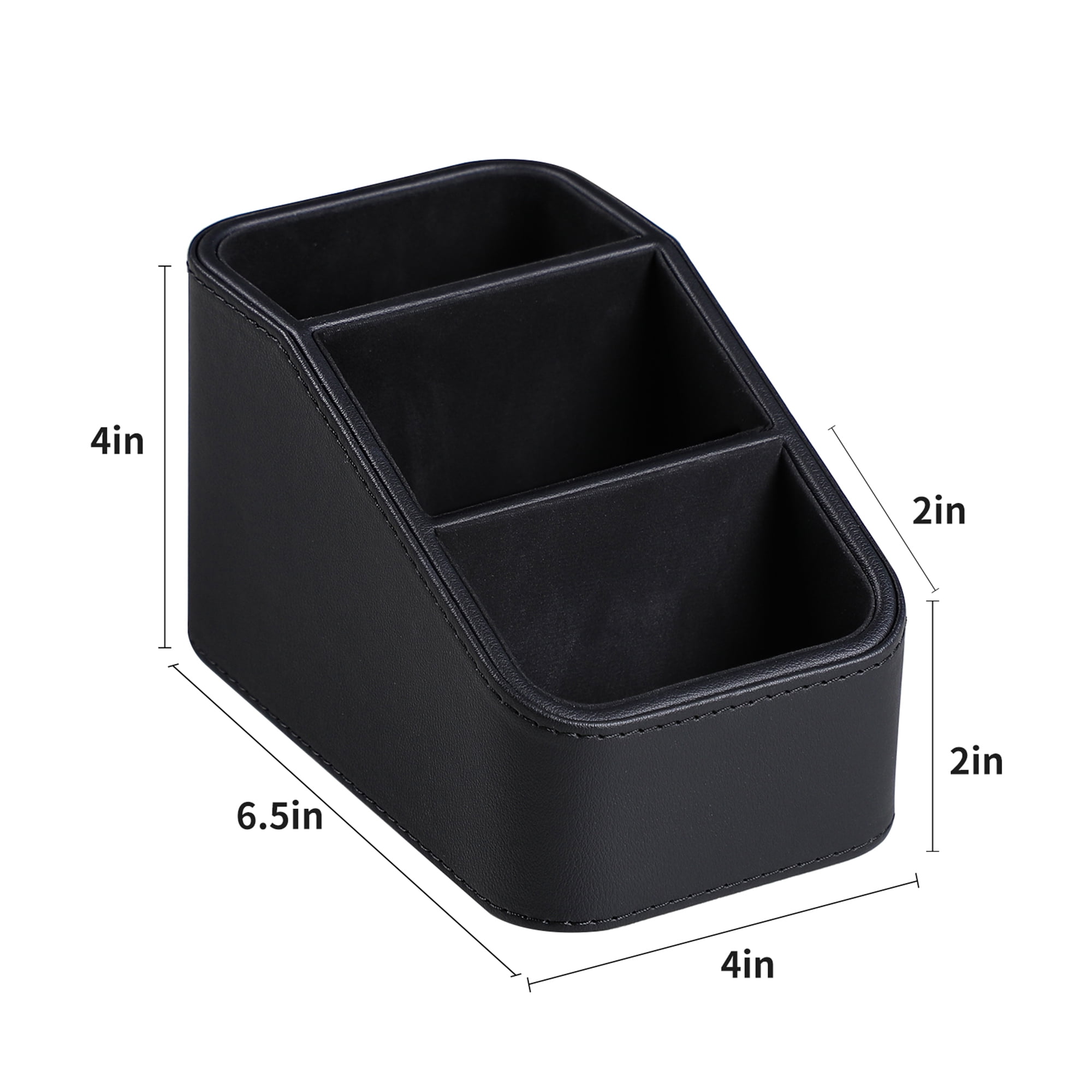 PU Leather Remote Control Holder, Small Desk Organizer Office Supply Bedside Caddy for Nightstand End Table Couch, Pen Remote Organizer with 3 Compartments (Black)