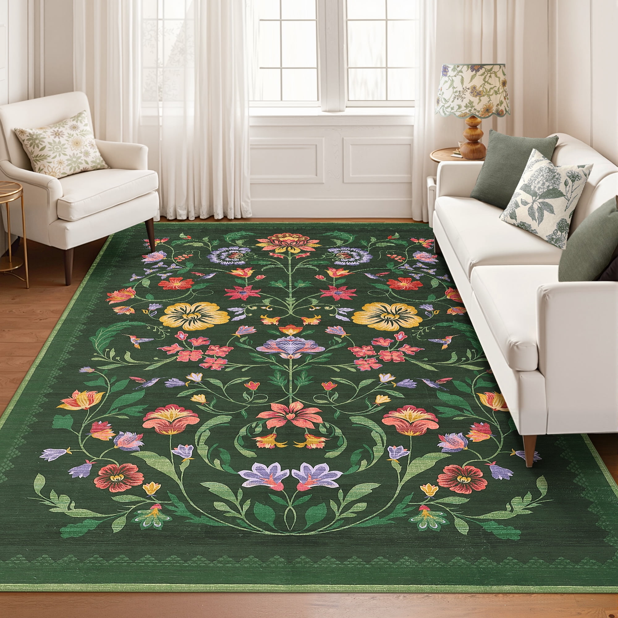 Garvee 5'x7' Floral Printed Area Rug Vintage Soft Rug, Washable Low Pile Rug Stain Resistant Farmhouse Indoor Carpets with Non Slip Backing for Living Room Bedroom Playroom, Green