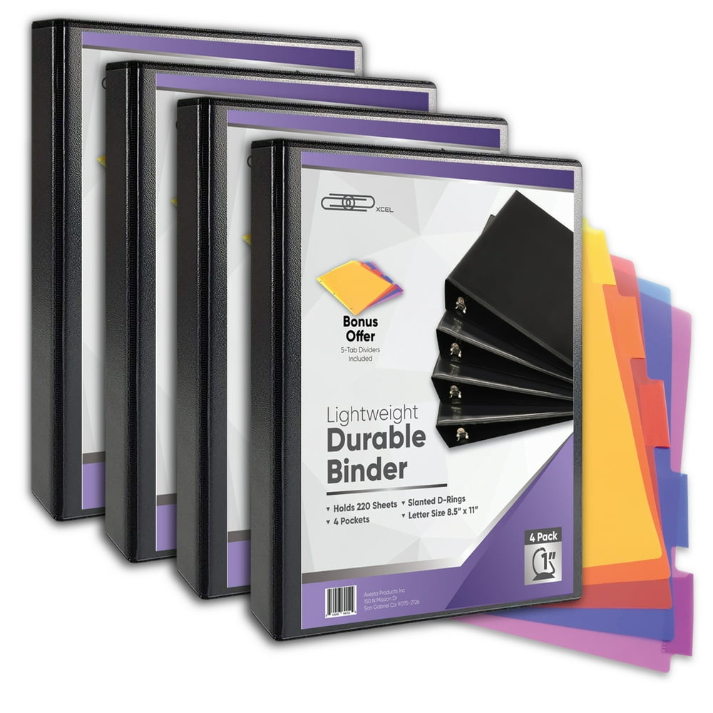 Xcel 3 Ring Binder, 1 Inch Binder, Black 4Pack DRing Binder, Includes