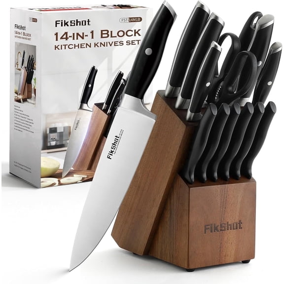 FIKSHOT 14-Piece Kitchen Knife Set with Built-in Sharpener, Professional White Stainless Steel Chef Knives, Dishwasher Safe