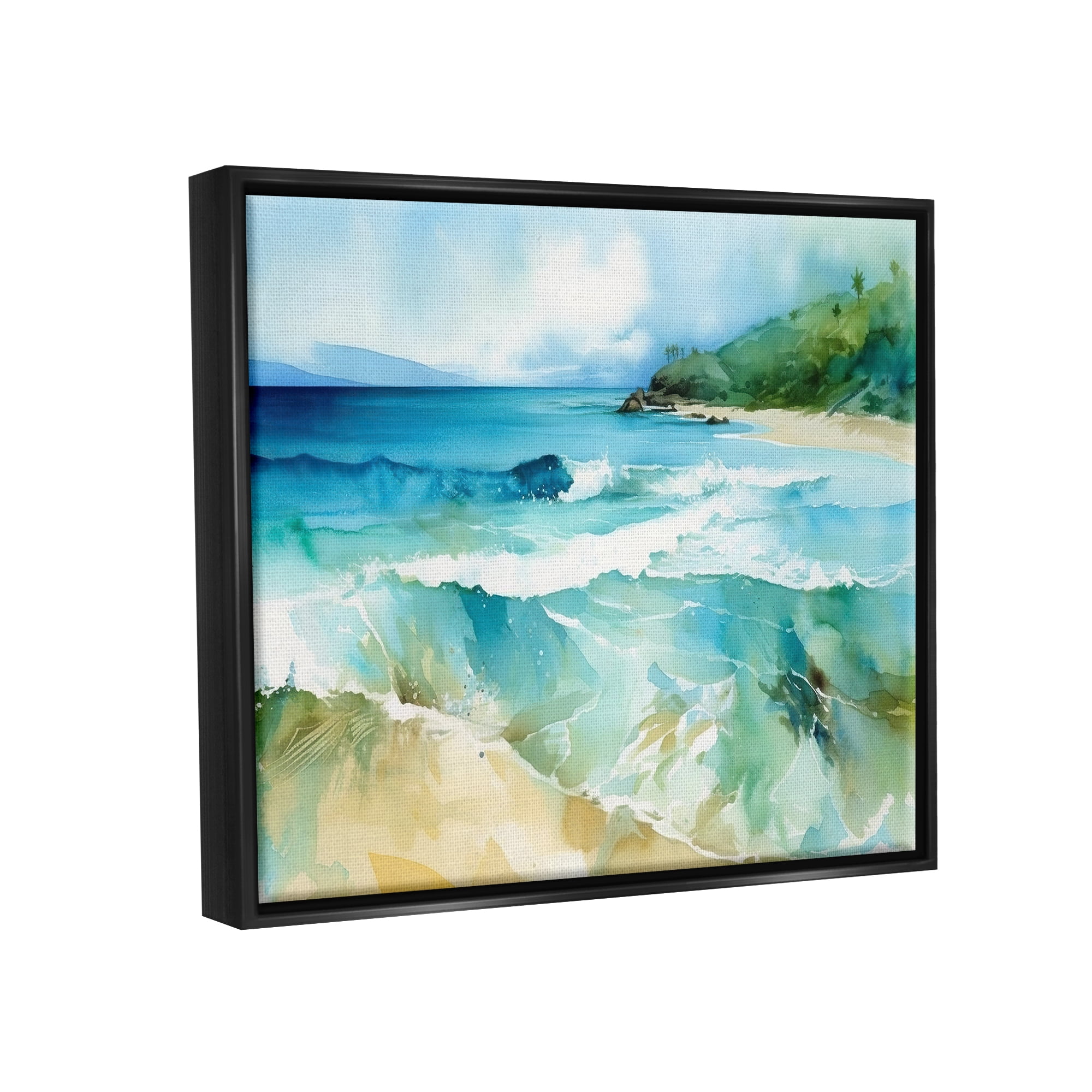 Stupell Industries Abstract Beach Waves Landscape Painting Black Floater Framed Canvas Art Print Wall Art, 21 x 17