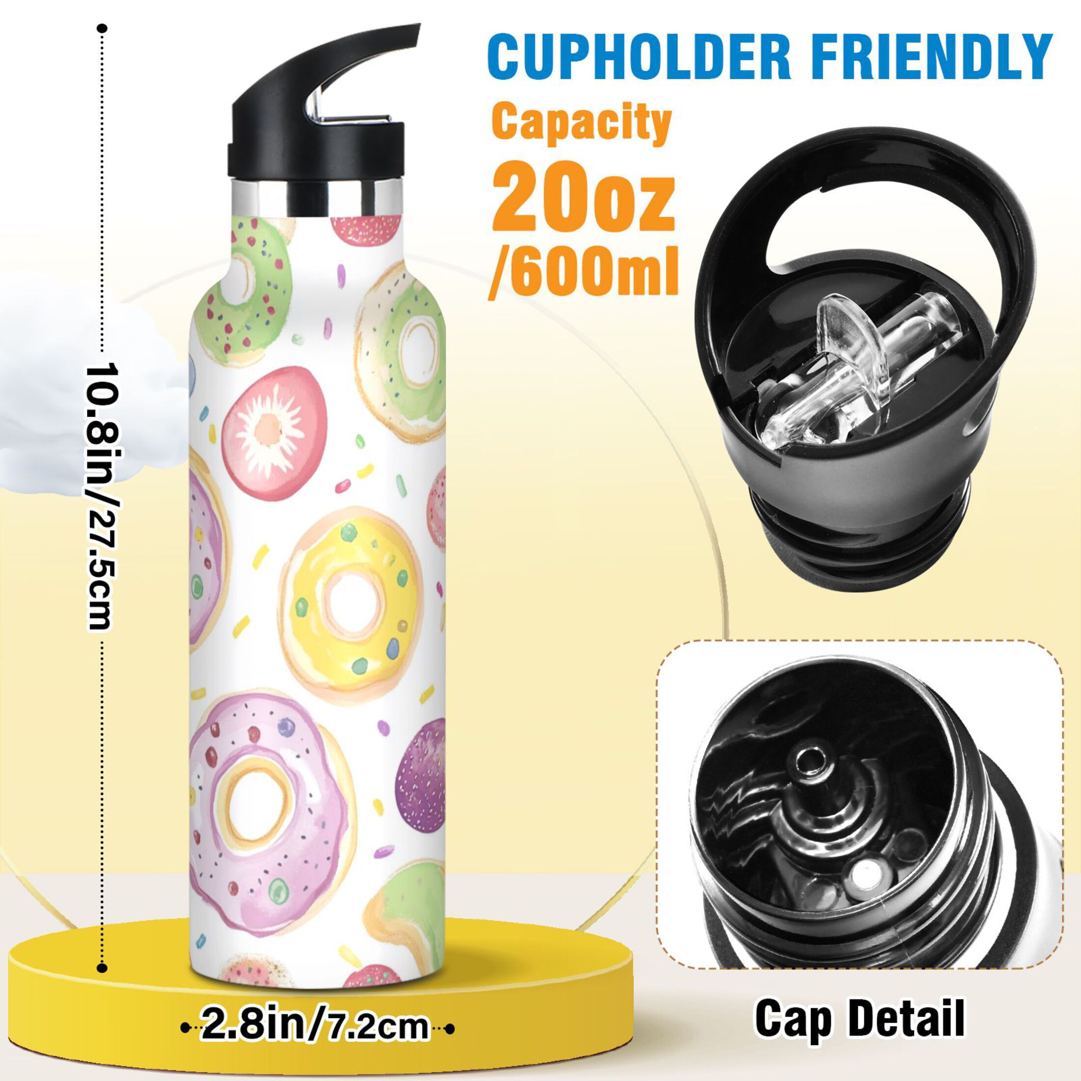 Kids Insulated Stainless Steel Sports Water Bottle 600ml (20oz) Colorful Doughnuts Pattern