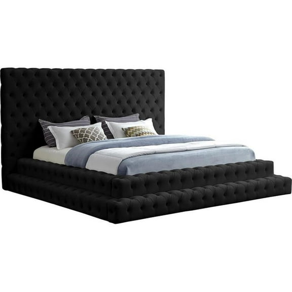 Maklaine Contemporary Upholstery Black Velvet King Bed