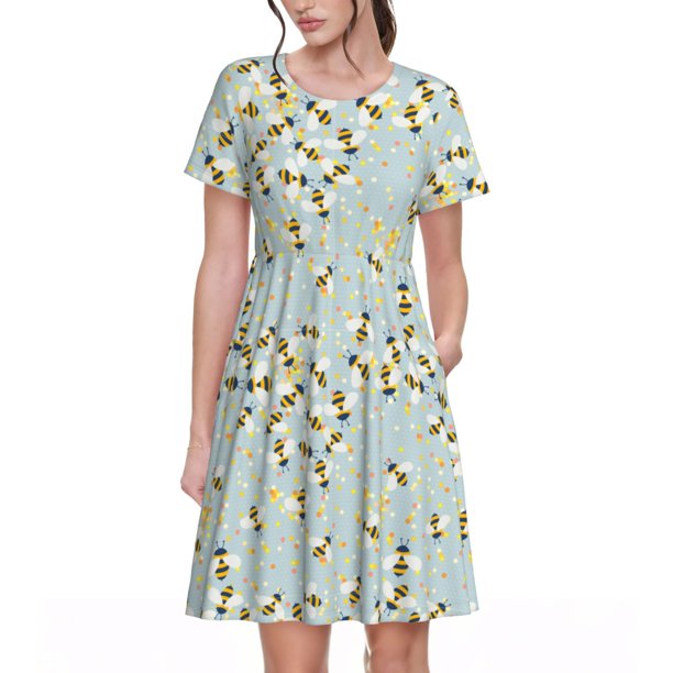 Easygdp Bees para Vestido Transpirable de Mujer, Vestido Suelto de Manga Corta con Pliegues y Bolsillos para el Verano