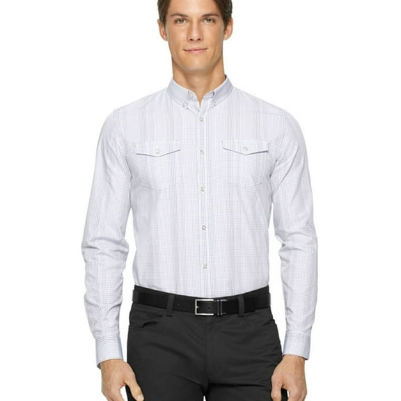 Calvin Klein Mens Gingham Slim Fit Button Up Shirt, White, Small