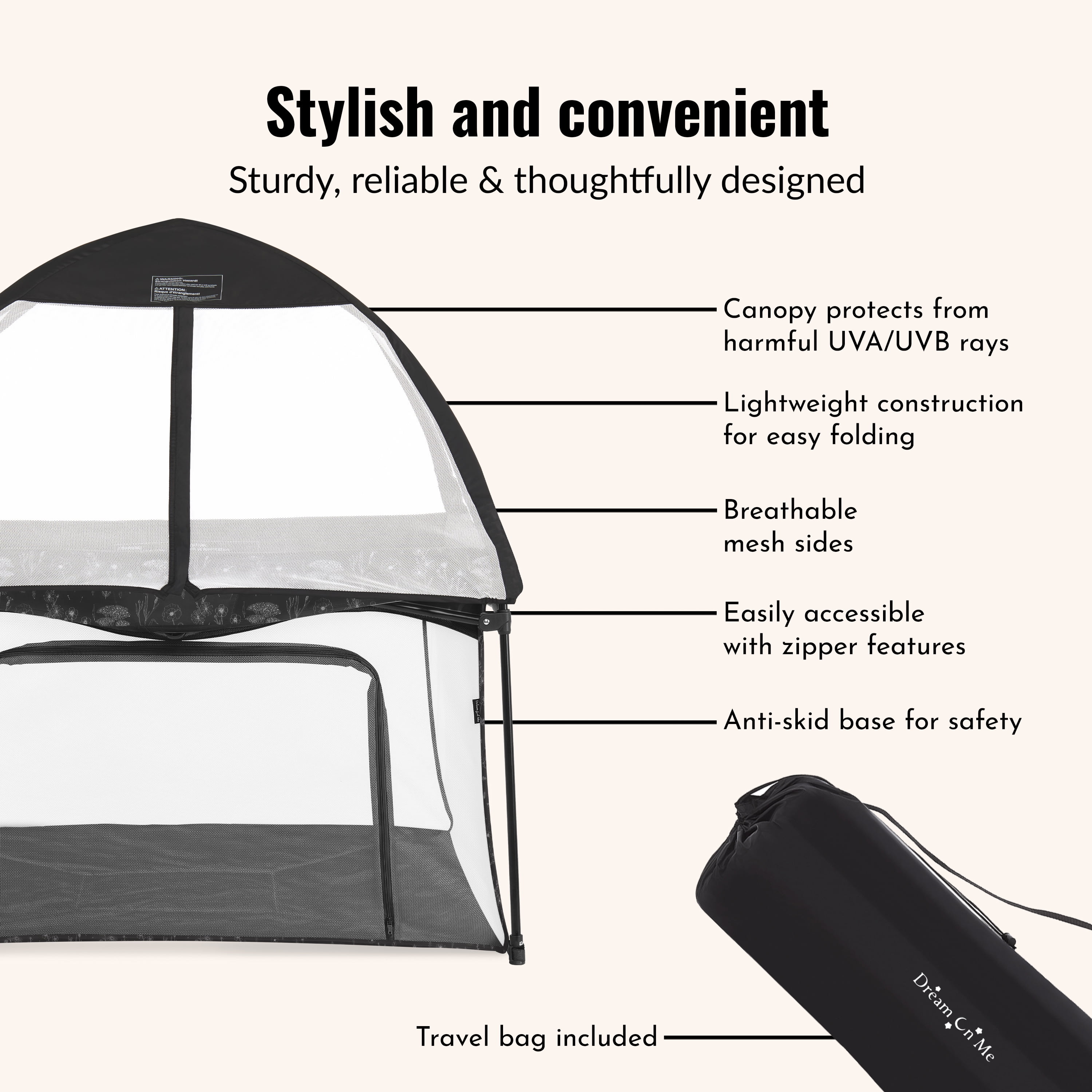 Dream On Me Ziggy Square Playpen with Canopy, Black and White, (Model # 4434-BW)