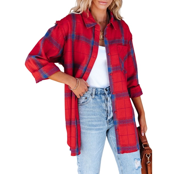 TRKIYQC Chaqueta a cuadros para mujer, manga larga, cuello vuelto, cierre de botones, camisa informal, prendas de vestir TRKIYQC moda