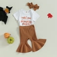 thumbnail image 3 of Okbabeha Infant Baby Girl Fall Clothes Pumpkin Patch Romper Onesie+Knit Bell Bottoms Pants Headband Halloween Outfits Set, 3 of 7