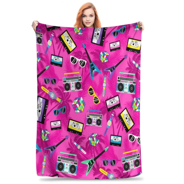 Manta de franela con diseño de música y diversión de los años 80 en color rosa para decoración de habitación, sofá cama de 60 x 50 pulgadas