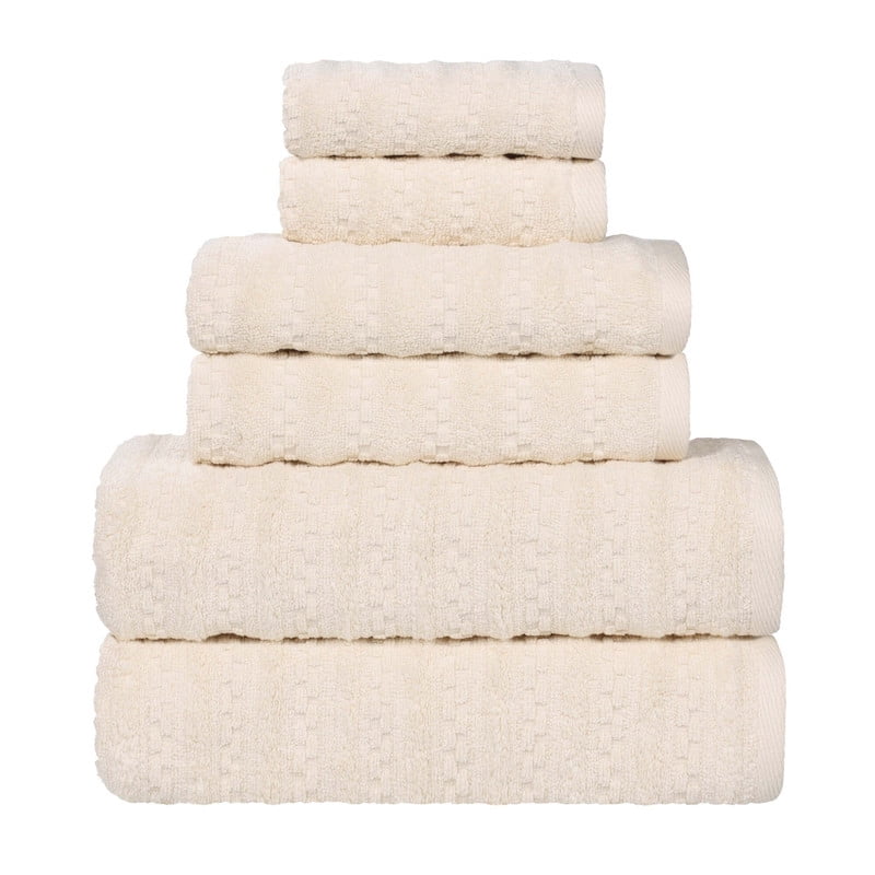 Superior Zuma Waffle Textured Stripes Cotton 6 Piece Towel Set, Zero Twist Absorbent Towels, Ivory