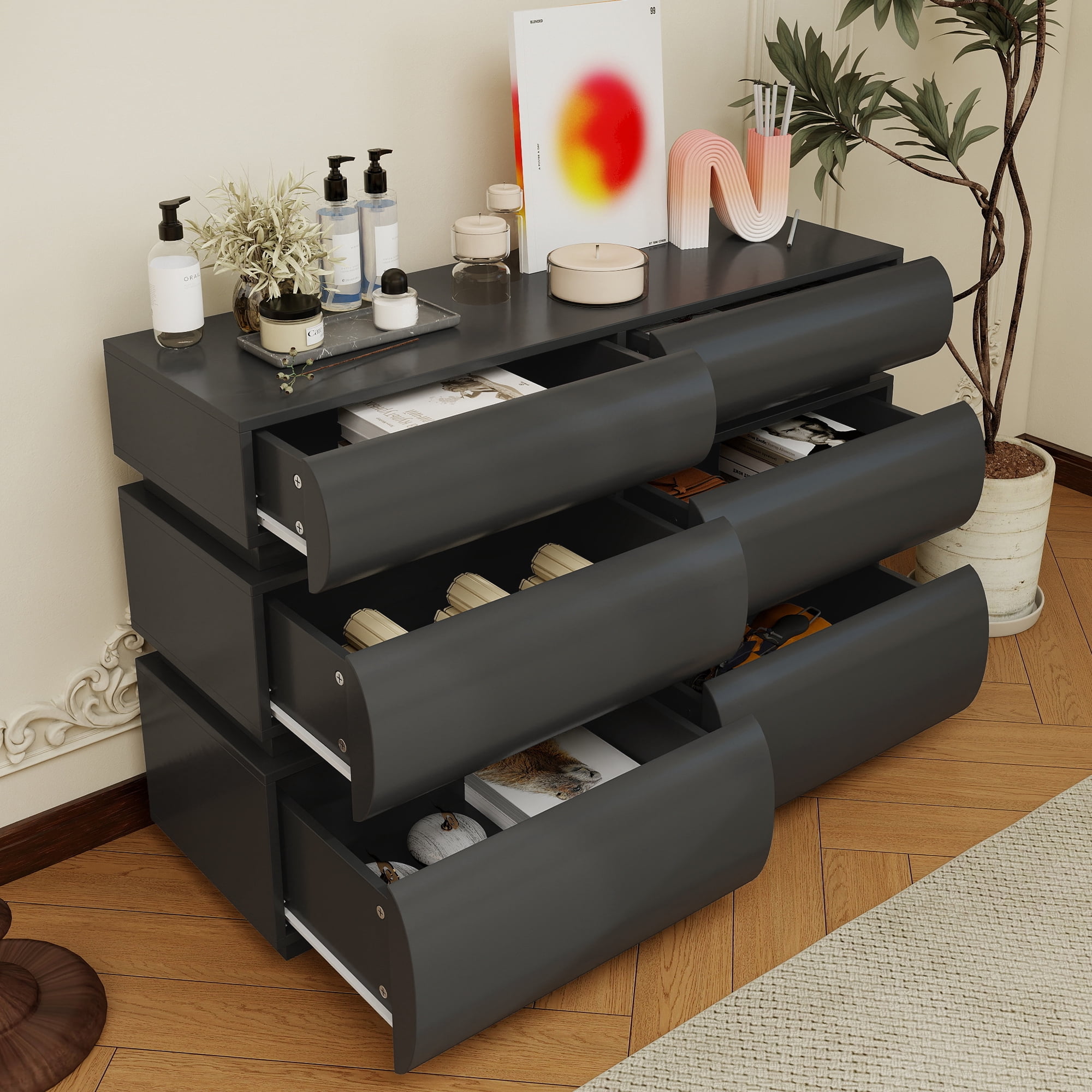 HIUU Modern dressers & chests of drawers with 6 Drawers,Dresser Cabinet Clothes Storage for Bedroom, Wooden Cabinet Dressers Drawers with Spacious Tabletop,Black