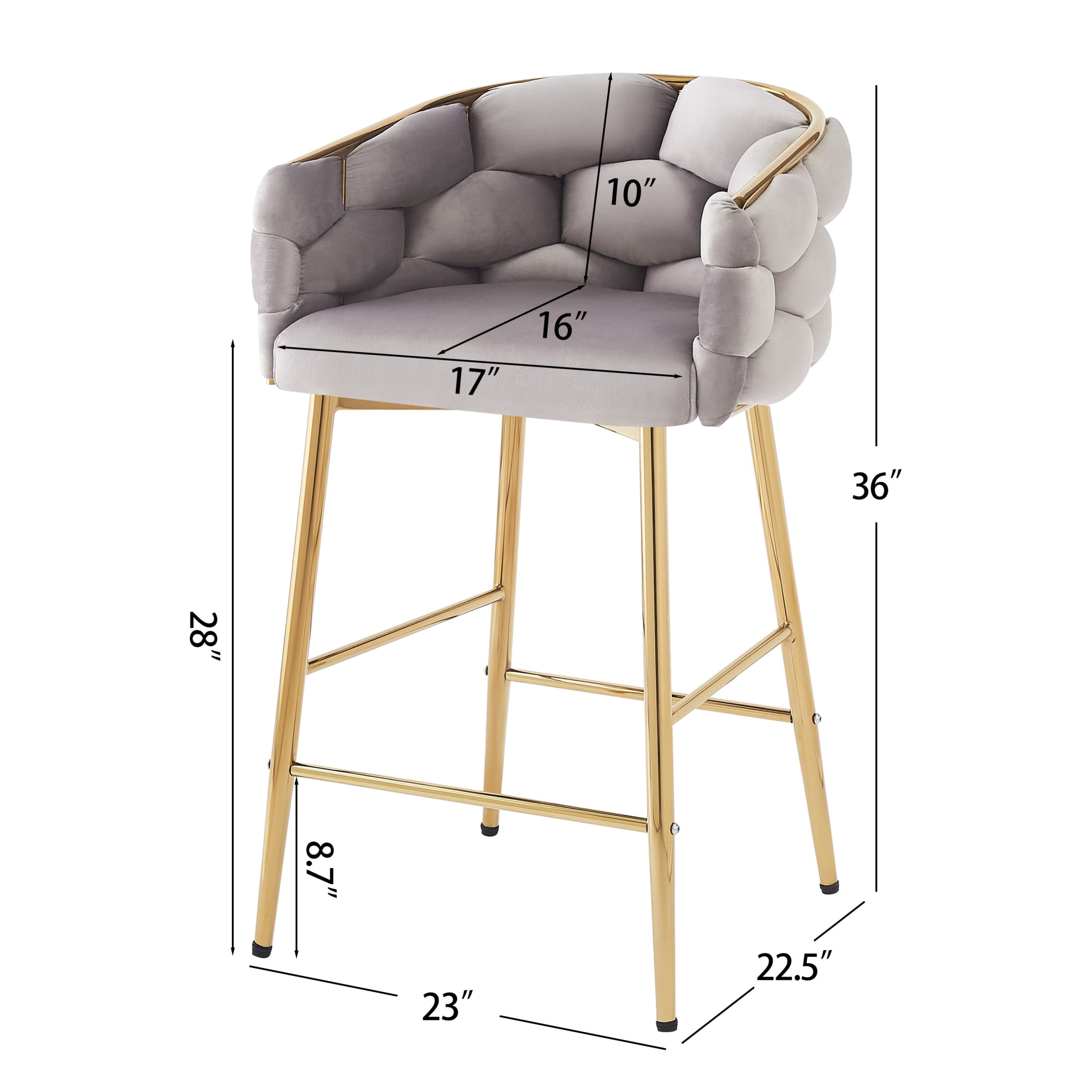 Nivora 28" Seat Height Modern Upholstered Flannelette Counter Stools, Metal Frame, Grey + Gold, Set of 2