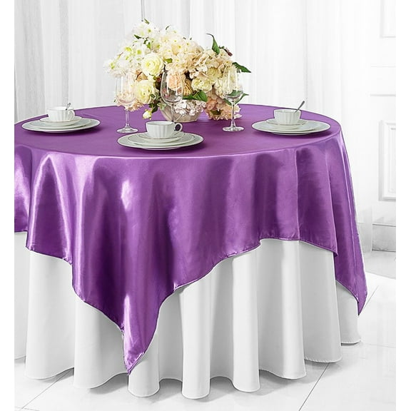 Wedding Linens Inc. 85 inch Square Satin Table Overlay Toppers - Victoria Lilac