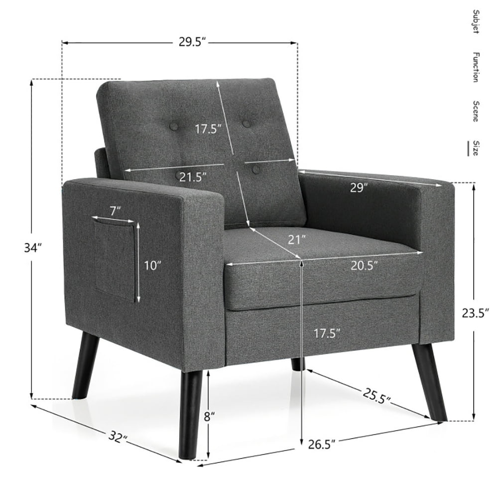 Finihen Upholstered Armchair Chair, Mid-Century Upholstered Armchair Club Chair with Rubber Wood Legs, for Living Room, Bedroom, Gray