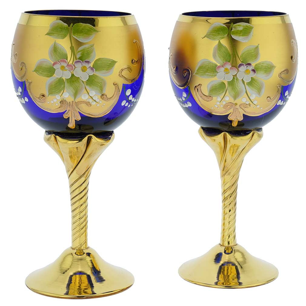 Glassofvenice Set Of Two Murano Glass Wine Glasses 24k Gold Leaf Blue 1079